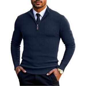 Men Slim Fit Quarter Zip Pullover Sweater Knit Mock Neck Polo Navy Blue Sweater